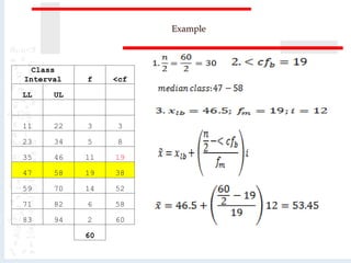 Example
Class
Interval f <cf
LL UL
11 22 3 3
23 34 5 8
35 46 11 19
47 58 19 38
59 70 14 52
71 82 6 58
83 94 2 60
60
 
