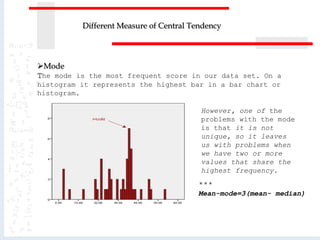 Mode
The mode is the most frequent score in our data set. On a
histogram it represents the highest bar in a bar chart or
histogram.
However, one of the
problems with the mode
is that it is not
unique, so it leaves
us with problems when
we have two or more
values that share the
highest frequency.
***
Mean-mode=3(mean- median)
Different Measure of Central Tendency
 