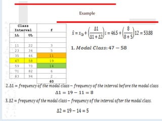 Example
Class
Interval f
LL UL
11 22 3
23 34 5
35 46 11
47 58 19
59 70 14
71 82 6
83 94 2
60
 