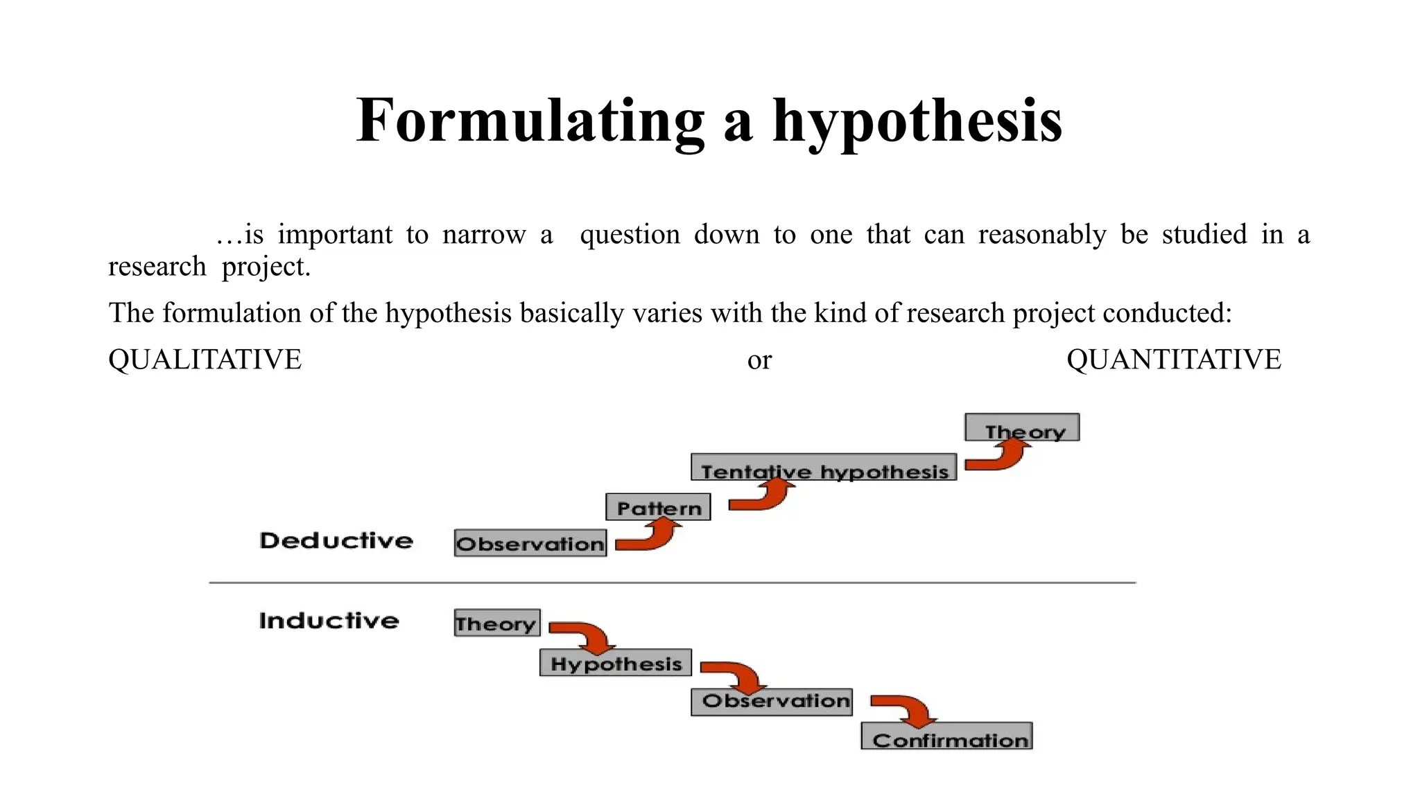 Formulating a hypothesis
…is important to narrow a question down to one that can reasonably be studied in a
research project.
The formulation of the hypothesis basically varies with the kind of research project conducted:
QUALITATIVE or QUANTITATIVE
 