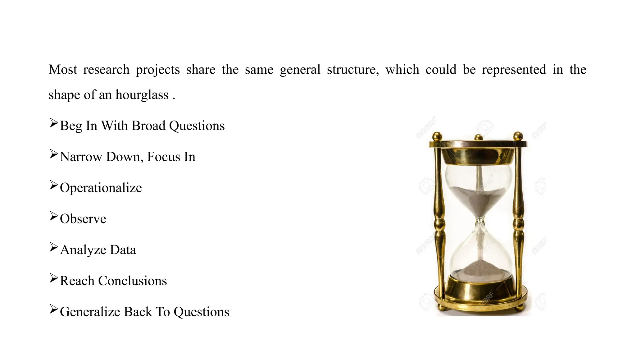 Most research projects share the same general structure, which could be represented in the
shape of an hourglass .
Beg In With Broad Questions
Narrow Down, Focus In
Operationalize
Observe
Analyze Data
Reach Conclusions
Generalize Back To Questions
 