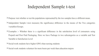 Independent Sample t-test
Purpose: test whether or not the populations represented by the two samples have a different mean.
Independent Sample t-test measures the significance difference in the means of the Two categories
/variables/Groups.
Examples :- Whether there is a significant difference in the satisfaction level of consumers using
Prepaid and Post Paid Packaging. Here we have Package in two subcategories as a variable and Test
Variable is Satisfaction Level
Social work students have higher GPA’s than nursing students
Social work students volunteer for more hours per week than education majors
 