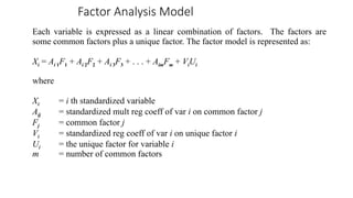 Factor Analysis Model
Each variable is expressed as a linear combination of factors. The factors are
some common factors plus a unique factor. The factor model is represented as:
Xi = Ai 1F1 + Ai 2F2 + Ai 3F3 + . . . + AimFm + ViUi
where
Xi = i th standardized variable
Aij = standardized mult reg coeff of var i on common factor j
Fj = common factor j
Vi = standardized reg coeff of var i on unique factor i
Ui = the unique factor for variable i
m = number of common factors
 