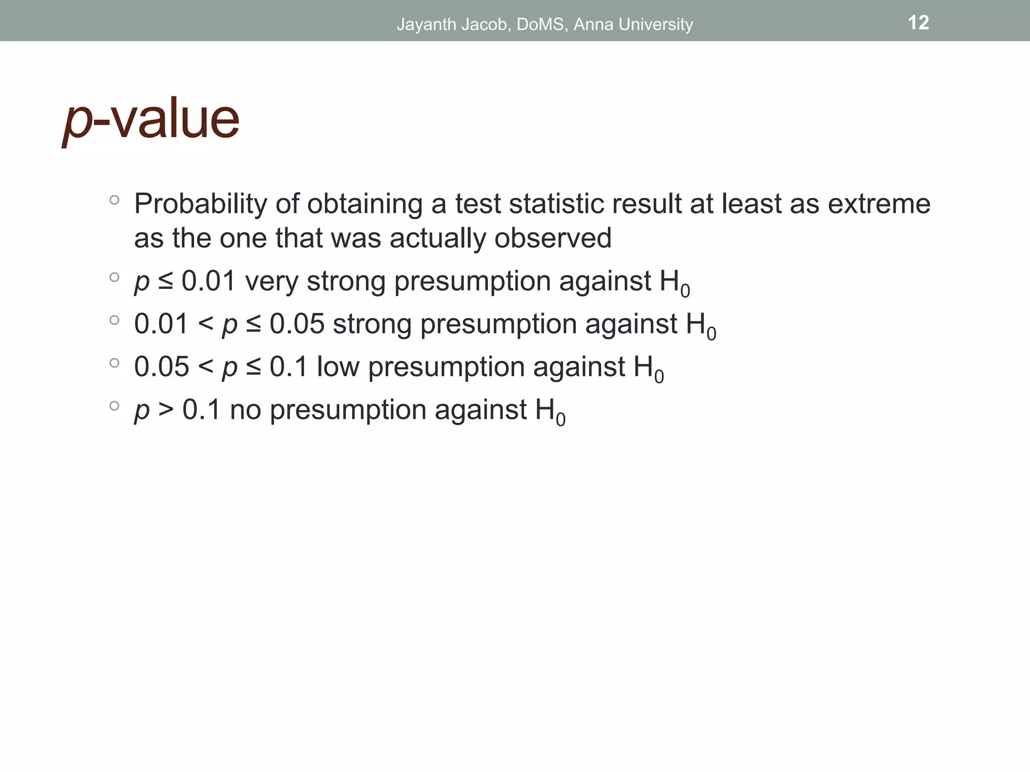 p-value
◦ Probability of obtaining a test statistic result at least as extreme
as the one that was actually observed
◦ p ≤ 0.01 very strong presumption against H0
◦ 0.01 < p ≤ 0.05 strong presumption against H0
◦ 0.05 < p ≤ 0.1 low presumption against H0
◦ p > 0.1 no presumption against H0
Jayanth Jacob, DoMS, Anna University 12
 