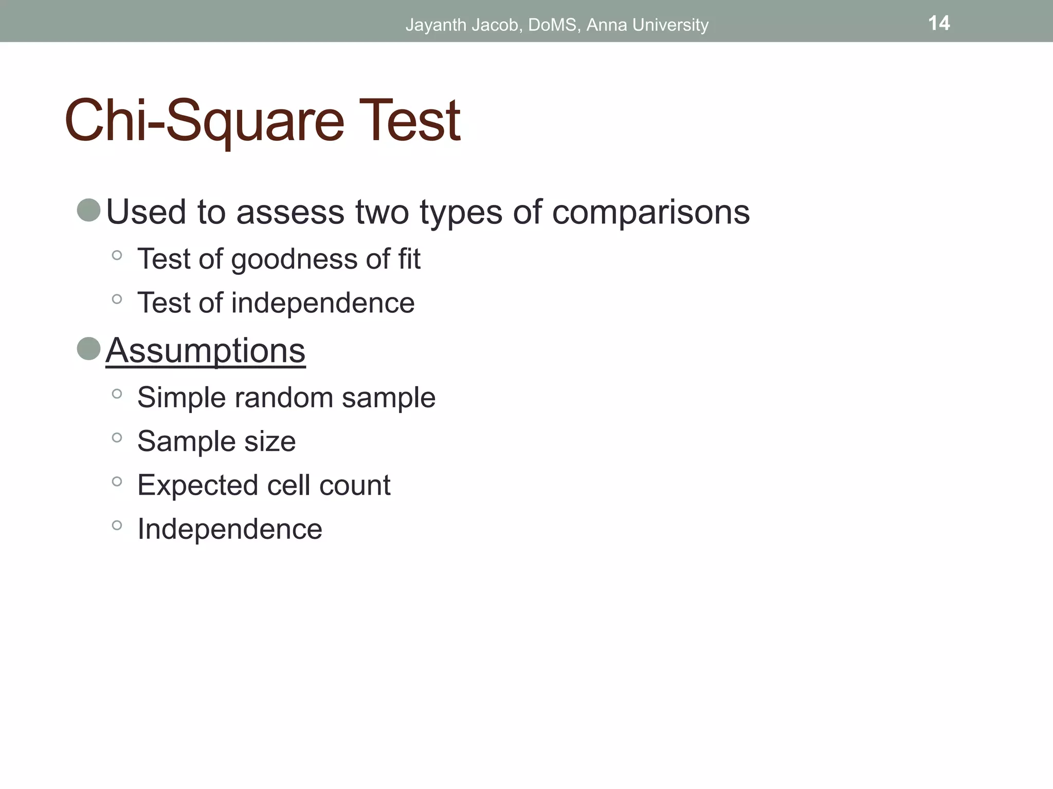 Chi-Square Test
⚫Used to assess two types of comparisons
◦ Test of goodness of fit
◦ Test of independence
⚫Assumptions
◦ Simple random sample
◦ Sample size
◦ Expected cell count
◦ Independence
Jayanth Jacob, DoMS, Anna University 14
 