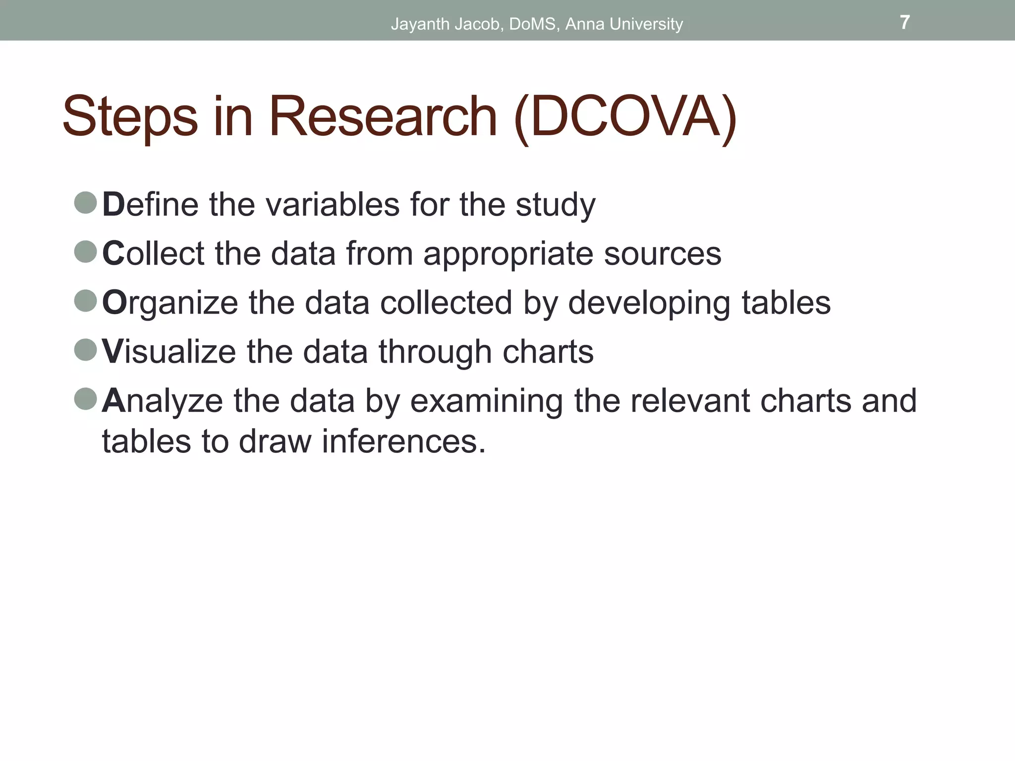Steps in Research (DCOVA)
⚫Define the variables for the study
⚫Collect the data from appropriate sources
⚫Organize the data collected by developing tables
⚫Visualize the data through charts
⚫Analyze the data by examining the relevant charts and
tables to draw inferences.
Jayanth Jacob, DoMS, Anna University 7
 