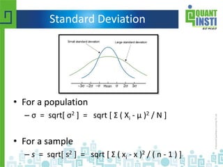 Standard Deviation
• For a population
– σ = sqrt[ σ2 ] = sqrt [ Σ ( Xi - μ )2 / N ]
• For a sample
– s = sqrt[ s2 ] = sqrt [ Σ ( xi - x )2 / ( n - 1 ) ]
 