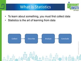 What is Statistics
• To learn about something, you must first collect data
• Statistics is the art of learning from data
Collect Describe ConcludeAnalyze
 