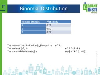 Binomial Distribution
Number of heads Probability
0 0.25
1 0.50
2 0.25
The mean of the distribution (μx) is equal to n * P .
The variance (σ2
x) is n * P * ( 1 - P )
The standard deviation (σx) is sqrt[ n * P * ( 1 - P ) ].
 
