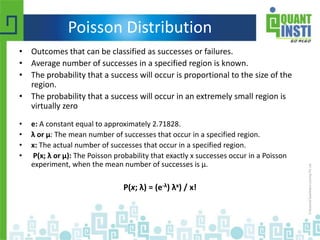 Poisson Distribution
• Outcomes that can be classified as successes or failures.
• Average number of successes in a specified region is known.
• The probability that a success will occur is proportional to the size of the
region.
• The probability that a success will occur in an extremely small region is
virtually zero
• e: A constant equal to approximately 2.71828.
• λ or μ: The mean number of successes that occur in a specified region.
• x: The actual number of successes that occur in a specified region.
• P(x; λ or μ): The Poisson probability that exactly x successes occur in a Poisson
experiment, when the mean number of successes is μ.
P(x; λ) = (e-λ) λx) / x!
 