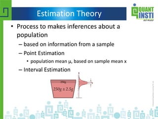 Estimation Theory
• Process to makes inferences about a
population
– based on information from a sample
– Point Estimation
• population mean μ, based on sample mean x
– Interval Estimation
 