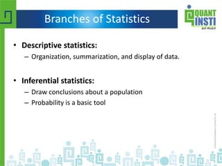 Branches of Statistics
• Descriptive statistics:
– Organization, summarization, and display of data.
• Inferential statistics:
– Draw conclusions about a population
– Probability is a basic tool
 