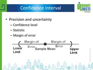 Confidence Interval
• Precision and uncertainty
– Confidence level
– Statistic
– Margin of error
 