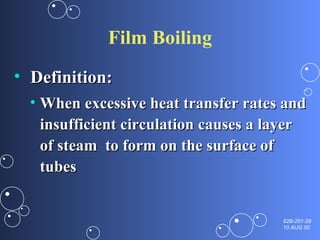 Film Boiling Definition:  When excessive heat transfer rates and insufficient circulation causes a layer of steam  to form on the surface of tubes 