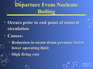 Departure From Nucleate Boiling Occurs prior to end point of natural circulation Causes: Reduction in steam drum pressure below lower operating limit High firing rate 