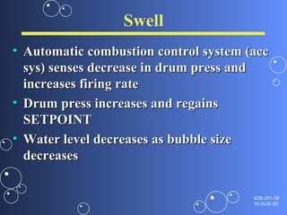 Swell Automatic combustion control system (acc sys) senses decrease in drum press and increases firing rate Drum press increases and regains SETPOINT Water level decreases as bubble size decreases 