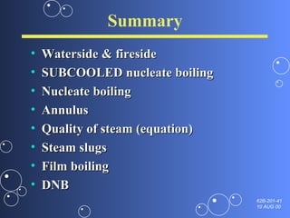 Summary Waterside & fireside SUBCOOLED nucleate boiling Nucleate boiling Annulus Quality of steam (equation) Steam slugs  Film boiling DNB 