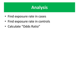 Analysis 
• Find exposure rate in cases 
• Find exposure rate in controls 
• Calculate “Odds Ratio” 
 