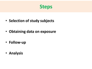 • Selection of study subjects 
• Obtaining data on exposure 
• Follow-up 
• Analysis 
Steps 
 
