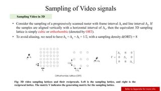 Sampling of Video signals
Sampling Video in 3D
• Consider the sampling of a progressively scanned raster with frame interval Δt and line interval Δy. If
the samples are aligned vertically with a horizontal interval of Δx, then the equivalent 3D sampling
lattice is simply cubic or orthorhombic (denoted by ORT).
• To avoid aliasing, we need to have Δx = Δy = Δt = 1/2, with a sampling density d(ORT) = 8
Fig: 3D video sampling lattices and their reciprocals. Left is the sampling lattice, and right is the
reciprocal lattice. The matrix V indicates the generating matrix for the sampling lattice.
Refer to Appendix for more info.
 