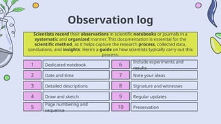 Observation log
Scientists record their observations in scientific notebooks or journals in a
systematic and organized manner. This documentation is essential for the
scientific method, as it helps capture the research process, collected data,
conclusions, and insights. Here's a guide on how scientists typically carry out this
process:
Include experiments and
results
6
Note your ideas
7
Signature and witnesses
8
Regular updates
9
Preservation
10
Dedicated notebook
1
Date and time
2
Detailed descriptions
3
Draw and sketch
4
Page numbering and
sequence
5
 