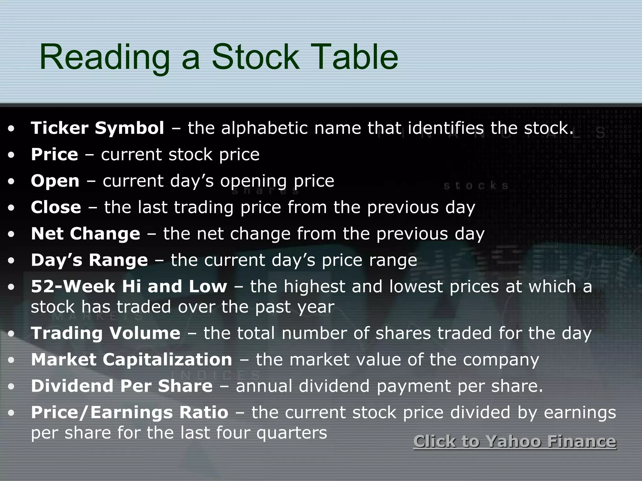 Reading a Stock Table
• Ticker Symbol – the alphabetic name that identifies the stock.
• Price – current stock price
• Open – current day’s opening price
• Close – the last trading price from the previous day
• Net Change – the net change from the previous day
• Day’s Range – the current day’s price range
• 52-Week Hi and Low – the highest and lowest prices at which a
stock has traded over the past year
• Trading Volume – the total number of shares traded for the day
• Market Capitalization – the market value of the company
• Dividend Per Share – annual dividend payment per share.
• Price/Earnings Ratio – the current stock price divided by earnings
per share for the last four quarters Click to Yahoo Finance
 