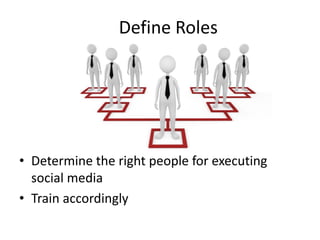 Define Roles




• Determine the right people for executing
  social media
• Train accordingly
 