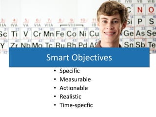Smart Objectives
 •   Specific
 •   Measurable
 •   Actionable
 •   Realistic
 •   Time-specfic
 