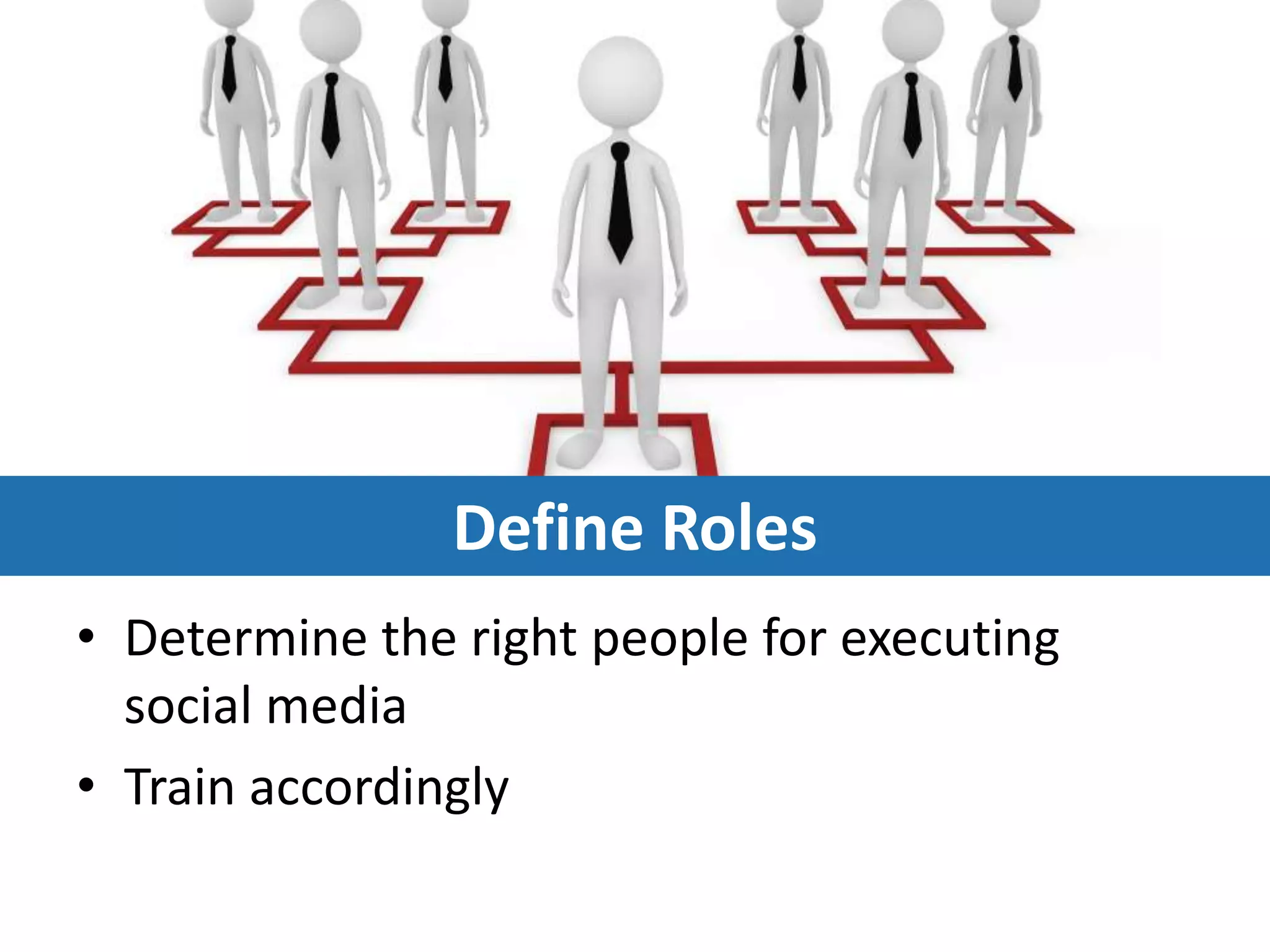 Define Roles
• Determine the right people for executing
  social media
• Train accordingly
 