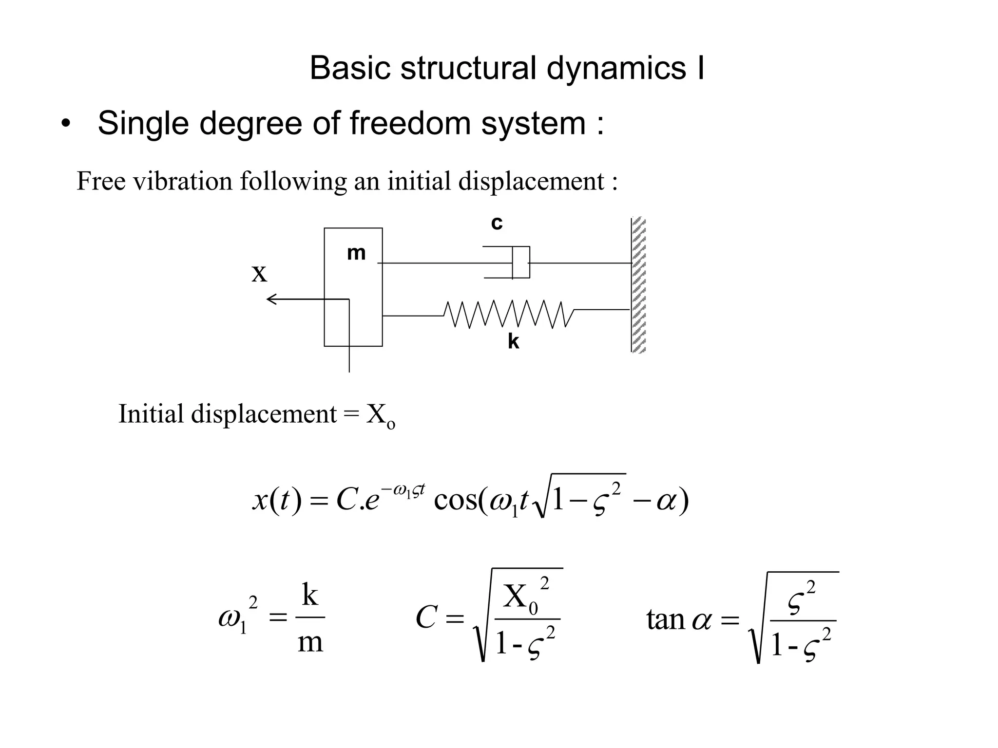 Basic structural dynamics I
• Single degree of freedom system :
Initial displacement = Xo
Free vibration following an initial displacement :
k
c
m
x
m
k
2
1 

)
1
cos(
.
)
( 2
1
1







 
t
e
C
t
x t
2
2
0
-
1
X


C 2
2
-
1
tan


 
 