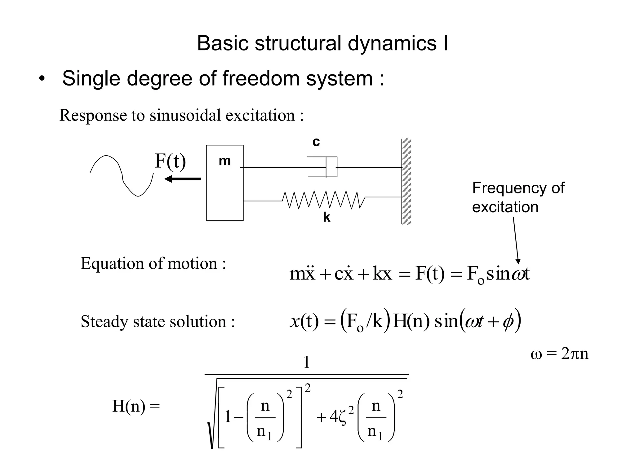 Basic structural dynamics I
• Single degree of freedom system :
Response to sinusoidal excitation :
Equation of motion :
t
sin
F
F(t)
kx
x
c
x
m o 



 


Steady state solution :    

 
 t
x sin
H(n)
/k
F
(t) o
k
c
m
F(t)
 = 2n
H(n) =
2
1
2
2
2
1 n
n
4ζ
n
n
1
1


























Frequency of
excitation
 