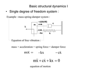 Basic structural dynamics I
x
c

Equation of free vibration :
Example : mass-spring-damper system :
k
c
m
x
0
kx
x
c
x
m 

 


mass × acceleration = spring force + damper force
- kx
- c(dx/dt)

x
m 
 kx
-
equation of motion
• Single degree of freedom system :
 