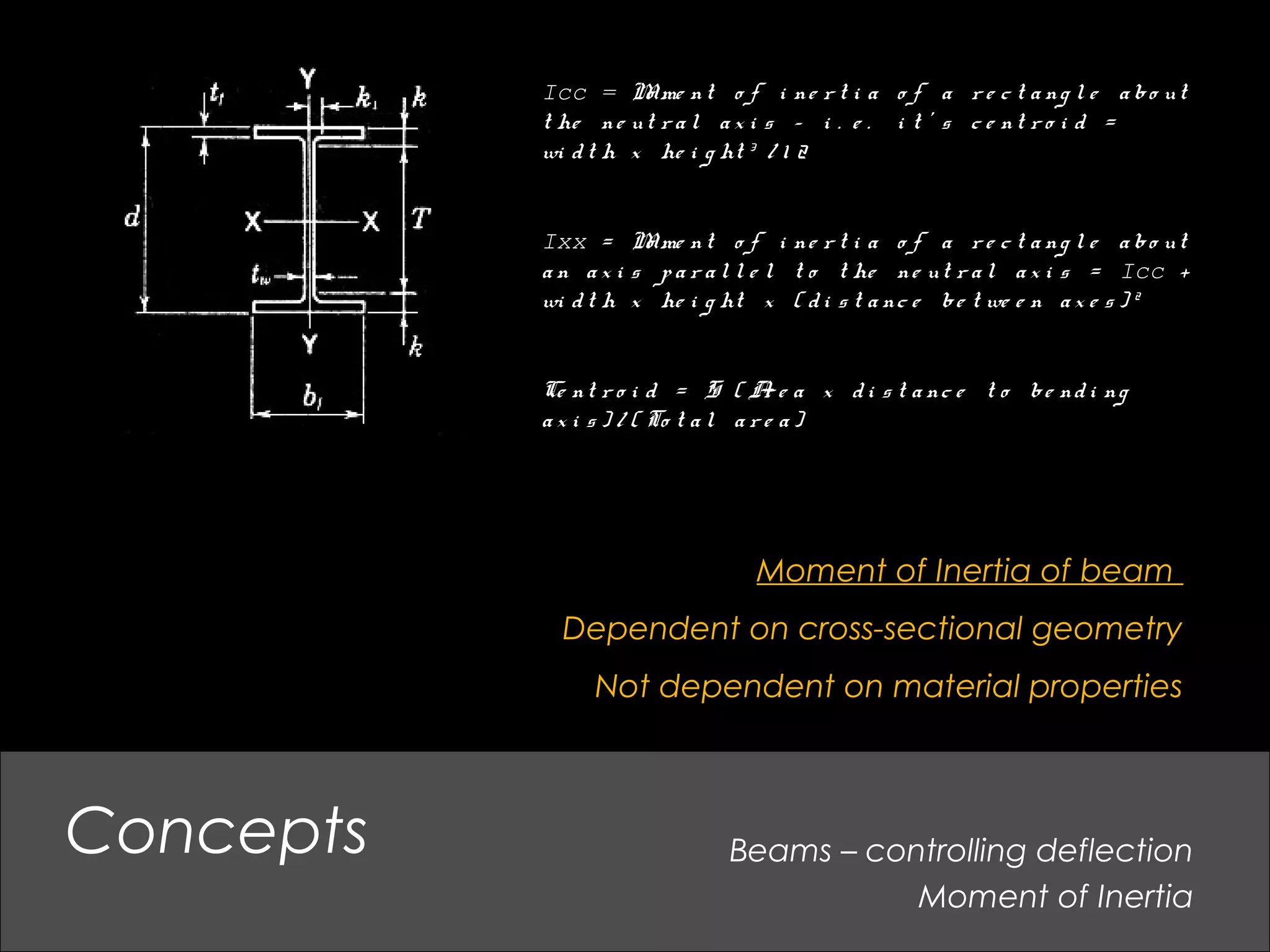 Beams – controlling deflection
Moment of Inertia
Concepts
Moment of Inertia of beam
Dependent on cross-sectional geometry
Not dependent on material properties
Icc = Mo me nt o f i ne r t i a o f a r e c t a ng l e a bo ut
t he ne ut r a l a x i s – i . e . i t ’ s c e nt r o i d =
wi d t h x he i g ht 3
/ 1 2
Ixx = Mo me nt o f i ne r t i a o f a r e c t a ng l e a bo ut
a n a x i s p a r a l l e l t o t he ne ut r a l a x i s = Icc +
wi d t h x he i g ht x ( d i s t a nc e be t we e n a x e s ) 2
Ce nt r o i d = S ( Ar e a x d i s t a nc e t o be nd i ng
a x i s ) / ( To t a l a r e a )
 