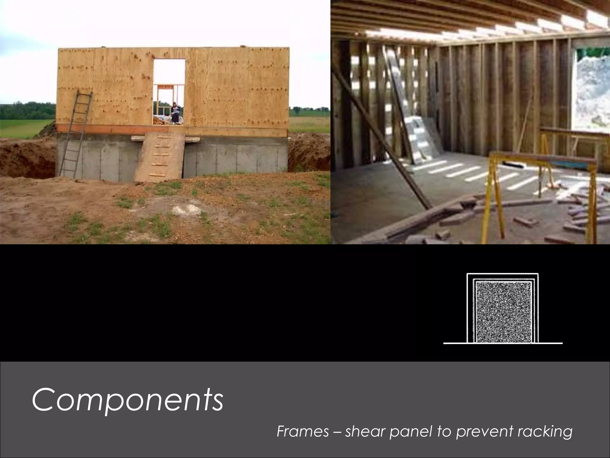 Components
Frames – shear panel to prevent racking
 