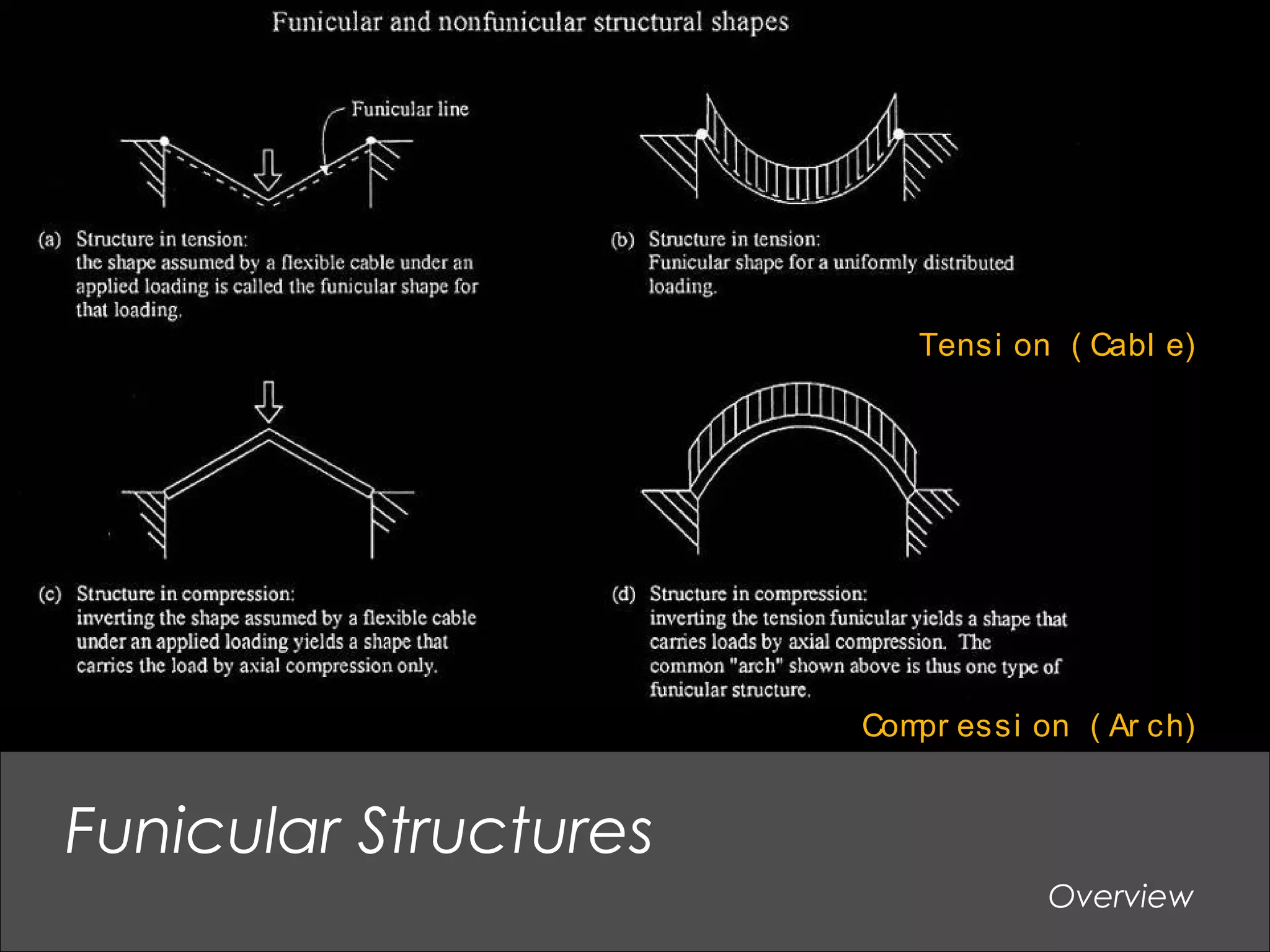 Overview
Funicular Structures
Tensi on ( Cabl e)
Compr essi on ( Ar ch)
 