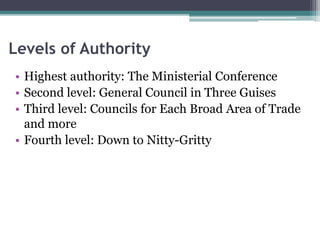 Levels of Authority
• Highest authority: The Ministerial Conference
• Second level: General Council in Three Guises
• Third level: Councils for Each Broad Area of Trade
and more
• Fourth level: Down to Nitty-Gritty
 