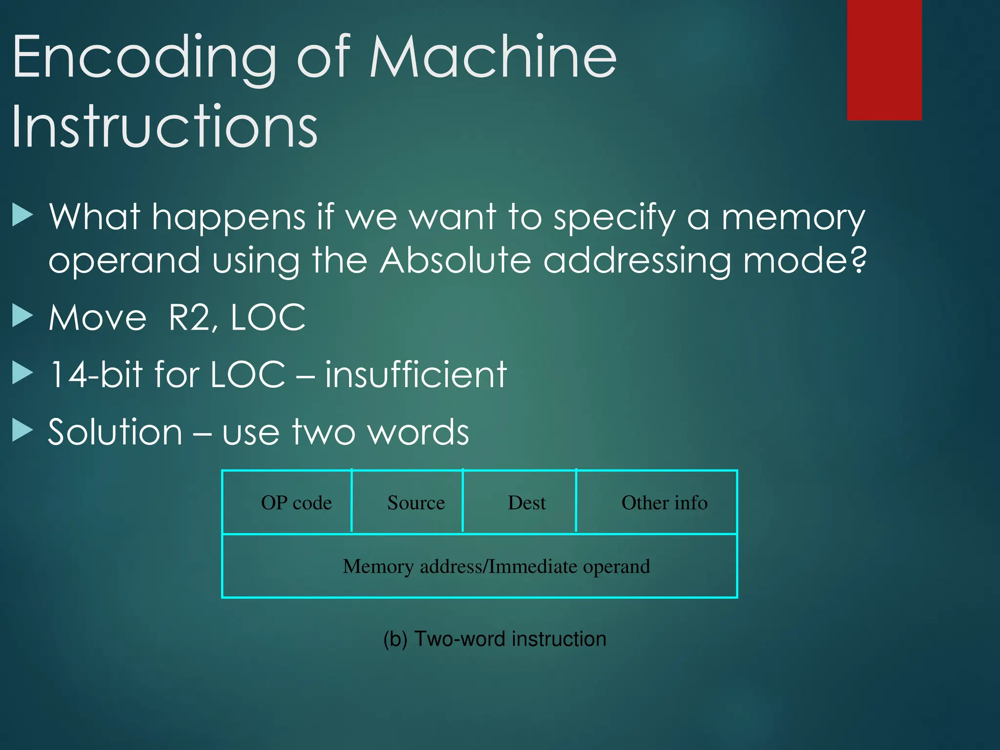 Encoding of Machine
Instructions
 What happens if we want to specify a memory
operand using the Absolute addressing mode?
 Move R2, LOC
 14-bit for LOC – insufficient
 Solution – use two words
(b) Two-word instruction
Memory address/Immediate operand
OP code Source Dest Other info
 