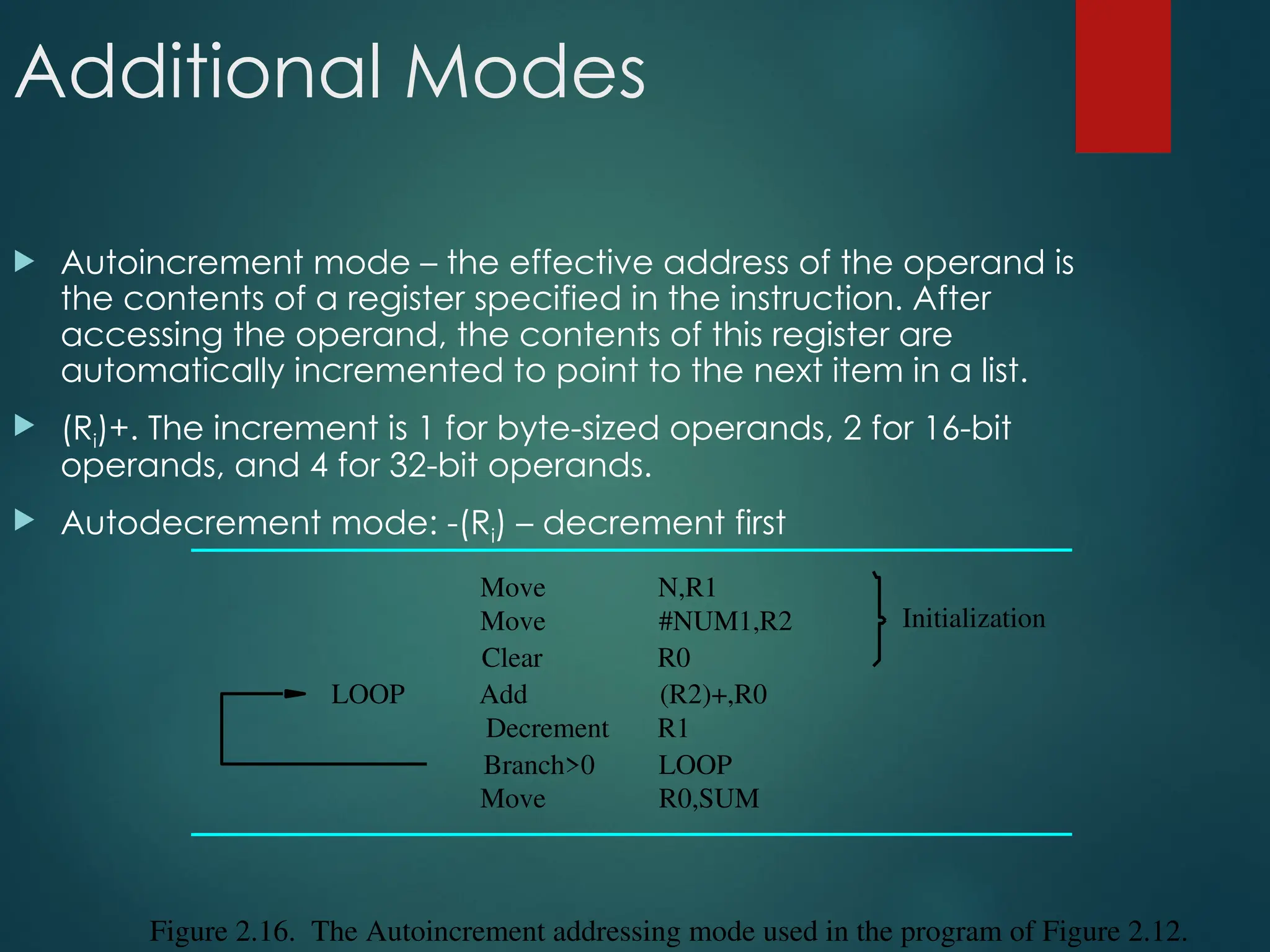 Additional Modes
 Autoincrement mode – the effective address of the operand is
the contents of a register specified in the instruction. After
accessing the operand, the contents of this register are
automatically incremented to point to the next item in a list.
 (Ri)+. The increment is 1 for byte-sized operands, 2 for 16-bit
operands, and 4 for 32-bit operands.
 Autodecrement mode: -(Ri) – decrement first
R0
Clear
R0,SUM
R1
(R2)+,R0
Figure 2.16. The Autoincrement addressing mode used in the program of Figure 2.12.
Initialization
Move
LOOP Add
Decrement
LOOP
#NUM1,R2
N,R1
Move
Move
Branch>0
 