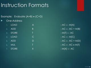 Instruction Formats
Example: Evaluate (A+B)  (C+D)
 One-Address
1. LOAD A ; AC ← M[A]
2. ADD B ; AC ← AC + M[B]
3. STORE T ; M[T] ← AC
4. LOAD C ; AC ← M[C]
5. ADD D ; AC ← AC + M[D]
6. MUL T ; AC ← AC  M[T]
7. STORE X ; M[X] ← AC
 