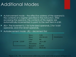 Additional Modes
 Autoincrement mode – the effective address of the operand is
the contents of a register specified in the instruction. After
accessing the operand, the contents of this register are
automatically incremented to point to the next item in a list.
 (Ri)+. The increment is 1 for byte-sized operands, 2 for 16-bit
operands, and 4 for 32-bit operands.
 Autodecrement mode: -(Ri) – decrement first
R0
Clear
R0,SUM
R1
(R2)+,R0
Figure 2.16. The Autoincrement addressing mode used in the program of Figure 2.12.
Initialization
Move
LOOP Add
Decrement
LOOP
#NUM1,R2
N,R1
Move
Move
Branch>0
 