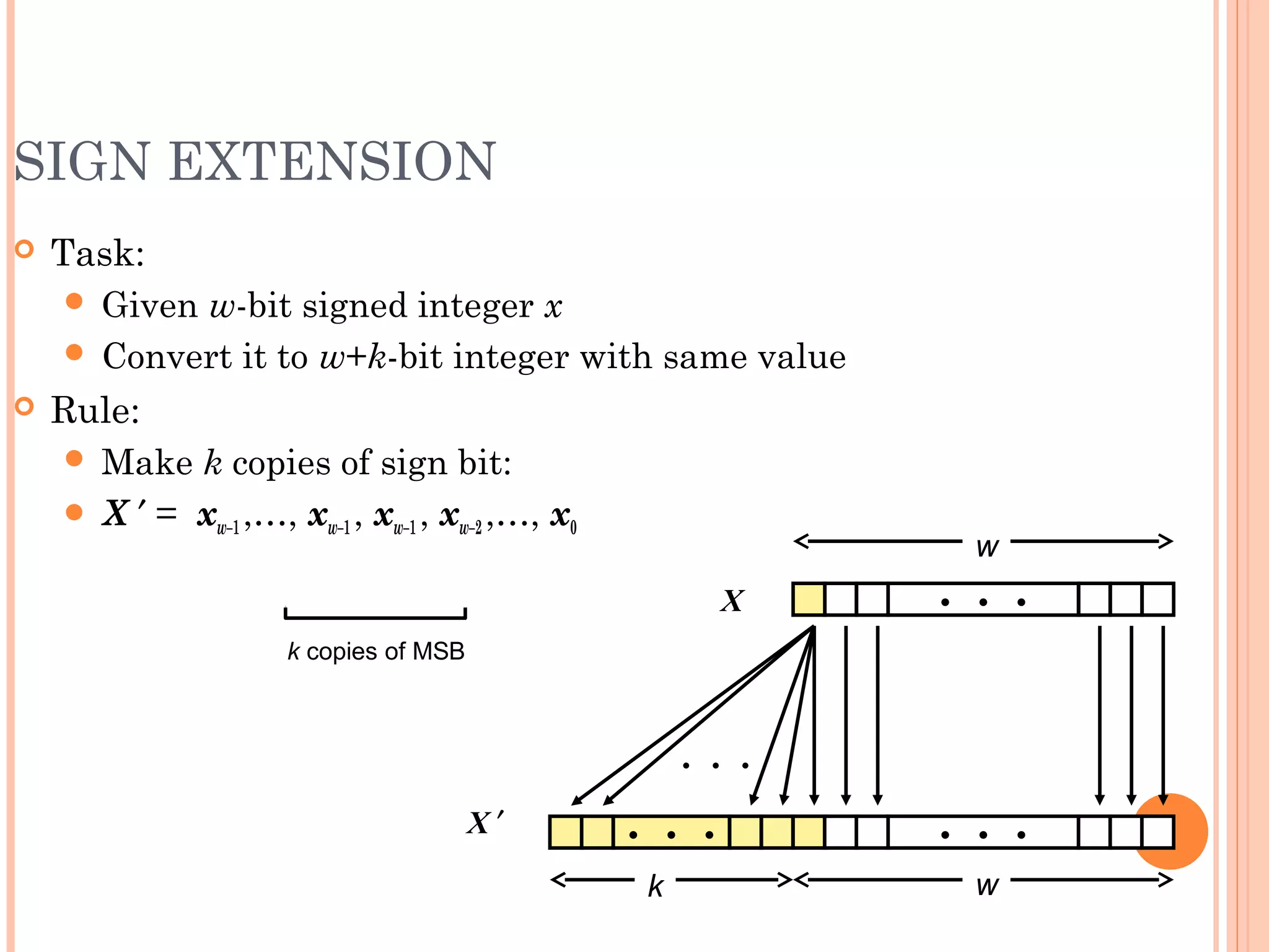 SIGN EXTENSION
 Task:
 Given w-bit signed integer x
 Convert it to w+k-bit integer with same value
 Rule:
 Make k copies of sign bit:
 X ′ = xw–1 ,…, xw–1 , xw–1 , xw–2 ,…, x0
k copies of MSB
• • •X
X ′ • • • • • •
• • •
w
wk
 