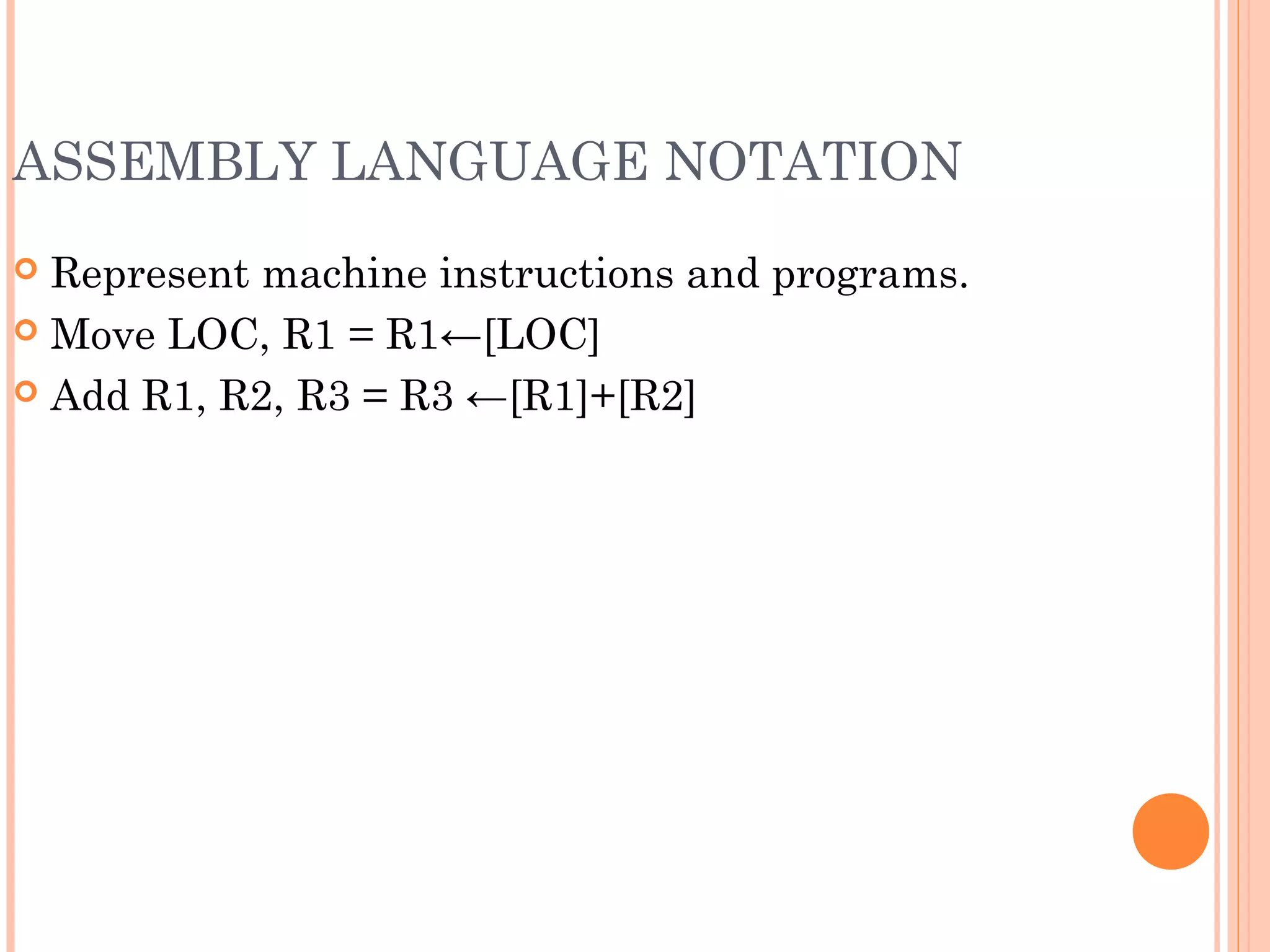 ASSEMBLY LANGUAGE NOTATION
 Represent machine instructions and programs.
 Move LOC, R1 = R1←[LOC]
 Add R1, R2, R3 = R3 ←[R1]+[R2]
 