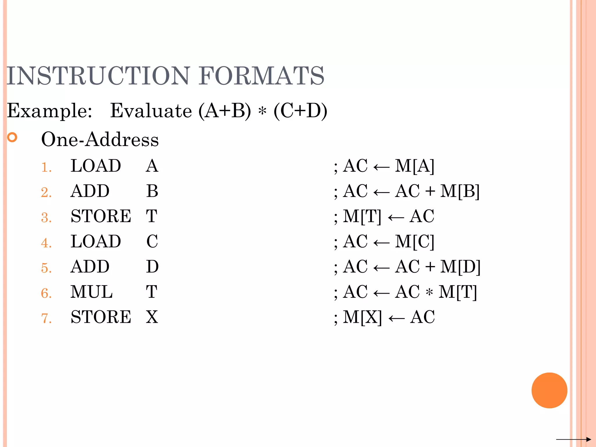 INSTRUCTION FORMATS
Example: Evaluate (A+B) ∗ (C+D)
 One-Address
1. LOAD A ; AC ← M[A]
2. ADD B ; AC ← AC + M[B]
3. STORE T ; M[T] ← AC
4. LOAD C ; AC ← M[C]
5. ADD D ; AC ← AC + M[D]
6. MUL T ; AC ← AC ∗ M[T]
7. STORE X ; M[X] ← AC
 
