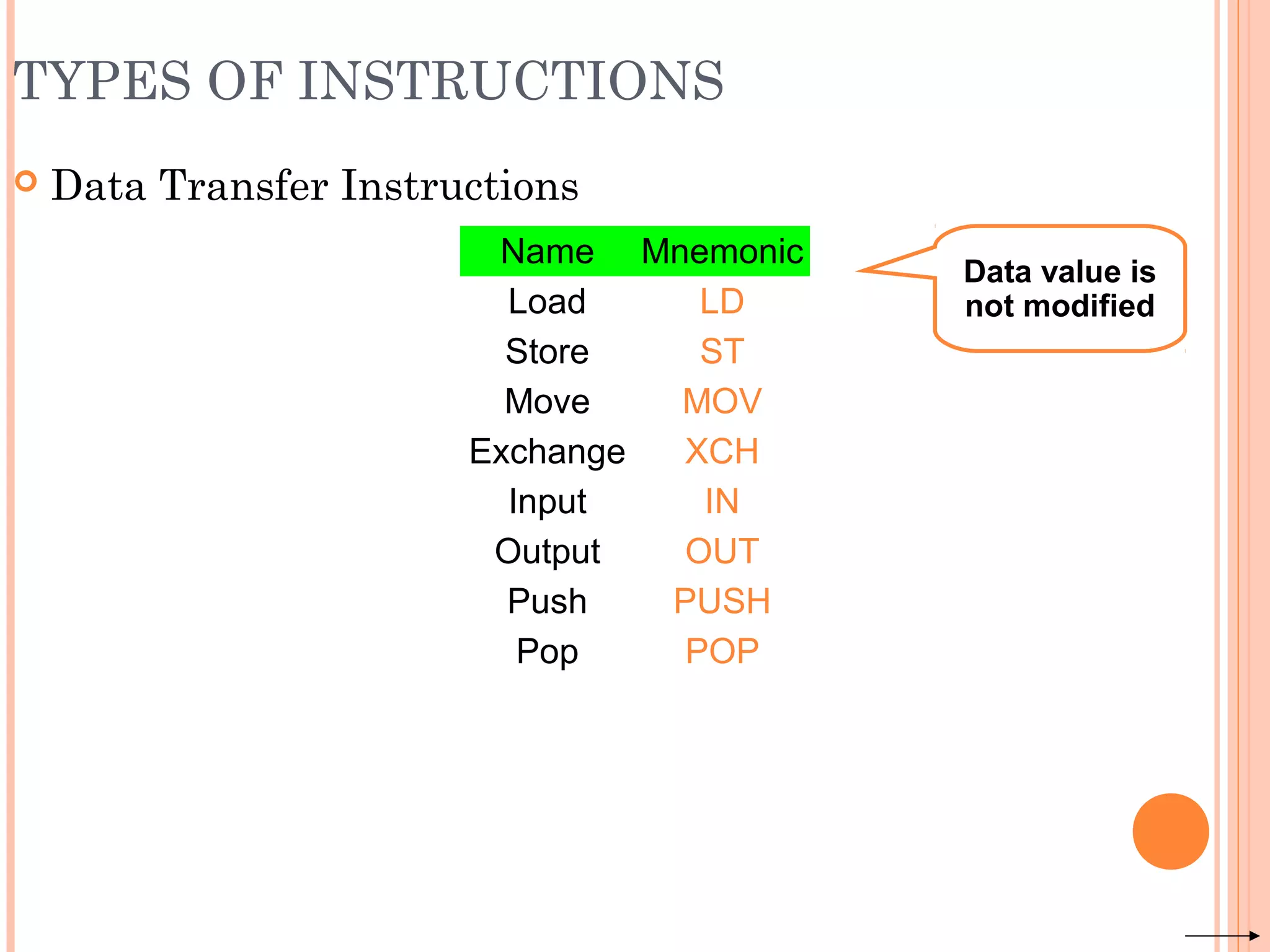 TYPES OF INSTRUCTIONS
 Data Transfer Instructions
Name Mnemonic
Load LD
Store ST
Move MOV
Exchange XCH
Input IN
Output OUT
Push PUSH
Pop POP
Data value is
not modified
 