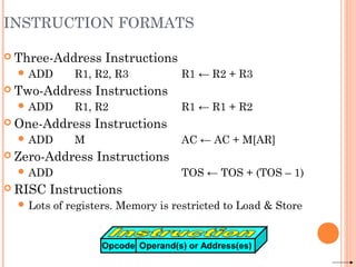 INSTRUCTION FORMATS
 Three-Address Instructions
 ADD R1, R2, R3 R1 ← R2 + R3
 Two-Address Instructions
 ADD R1, R2 R1 ← R1 + R2
 One-Address Instructions
 ADD M AC ← AC + M[AR]
 Zero-Address Instructions
 ADD TOS ← TOS + (TOS – 1)
 RISC Instructions
 Lots of registers. Memory is restricted to Load & Store
Opcode Operand(s) or Address(es)
 