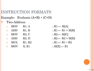 INSTRUCTION FORMATS
Example: Evaluate (A+B) ∗ (C+D)
 Two-Address
1. MOV R1, A ; R1 ← M[A]
2. ADD R1, B ; R1 ← R1 + M[B]
3. MOV R2, C ; R2 ← M[C]
4. ADD R2, D ; R2 ← R2 + M[D]
5. MUL R1, R2 ; R1 ← R1 ∗ R2
6. MOV X, R1 ; M[X] ← R1
 