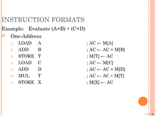 INSTRUCTION FORMATS
Example: Evaluate (A+B) ∗ (C+D)
 One-Address
1. LOAD A ; AC ← M[A]
2. ADD B ; AC ← AC + M[B]
3. STORE T ; M[T] ← AC
4. LOAD C ; AC ← M[C]
5. ADD D ; AC ← AC + M[D]
6. MUL T ; AC ← AC ∗ M[T]
7. STORE X ; M[X] ← AC
 