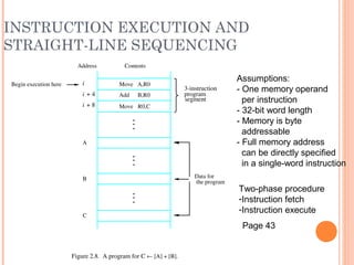 INSTRUCTION EXECUTION AND
STRAIGHT-LINE SEQUENCING
R0,C
B,R0
A,R0
Movei + 8
Begin execution here Movei
ContentsAddress
C
B
A
the program
Data for
segment
program
3­instruction
Addi + 4
Figure 2.8.  A program for C ← [Α] + [Β].
Assumptions:
- One memory operand
per instruction
- 32-bit word length
- Memory is byte
addressable
- Full memory address
can be directly specified
in a single-word instruction
Two-phase procedure
-Instruction fetch
-Instruction execute
Page 43
 