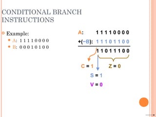 CONDITIONAL BRANCH
INSTRUCTIONS
 Example:
 A: 1 1 1 1 0 0 0 0
 B: 0 0 0 1 0 1 0 0
A: 1 1 1 1 0 0 0 0
+(−B): 1 1 1 0 1 1 0 0
1 1 0 1 1 1 0 0
C = 1
S = 1
V = 0
Z = 0
 