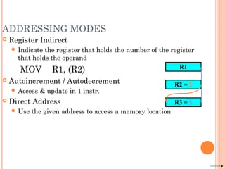 ADDRESSING MODES
 Register Indirect
 Indicate the register that holds the number of the register
that holds the operand
MOV R1, (R2)
 Autoincrement / Autodecrement
 Access & update in 1 instr.
 Direct Address
 Use the given address to access a memory location
R1
R2 = 3
R3 = 5
 